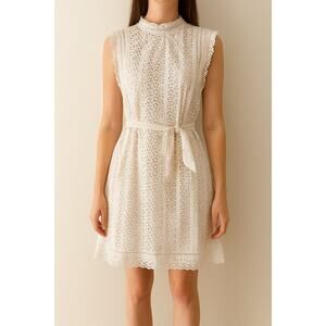 Rebecca Taylor White Eyelet Cotton Mini Dress Cap Sleeve Belted Size 6